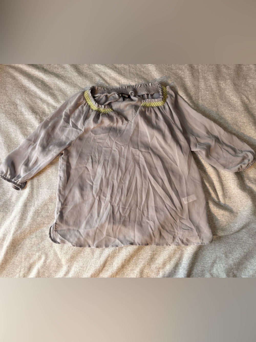 Express Women’s Light Gray Sheer Peasant Blouse with Elastic Yoke